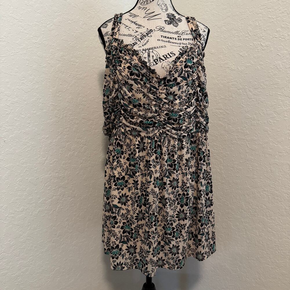 Torrid Size 5 5X Floral Cold Shoulder Ruched Blouse Cream Black Teal